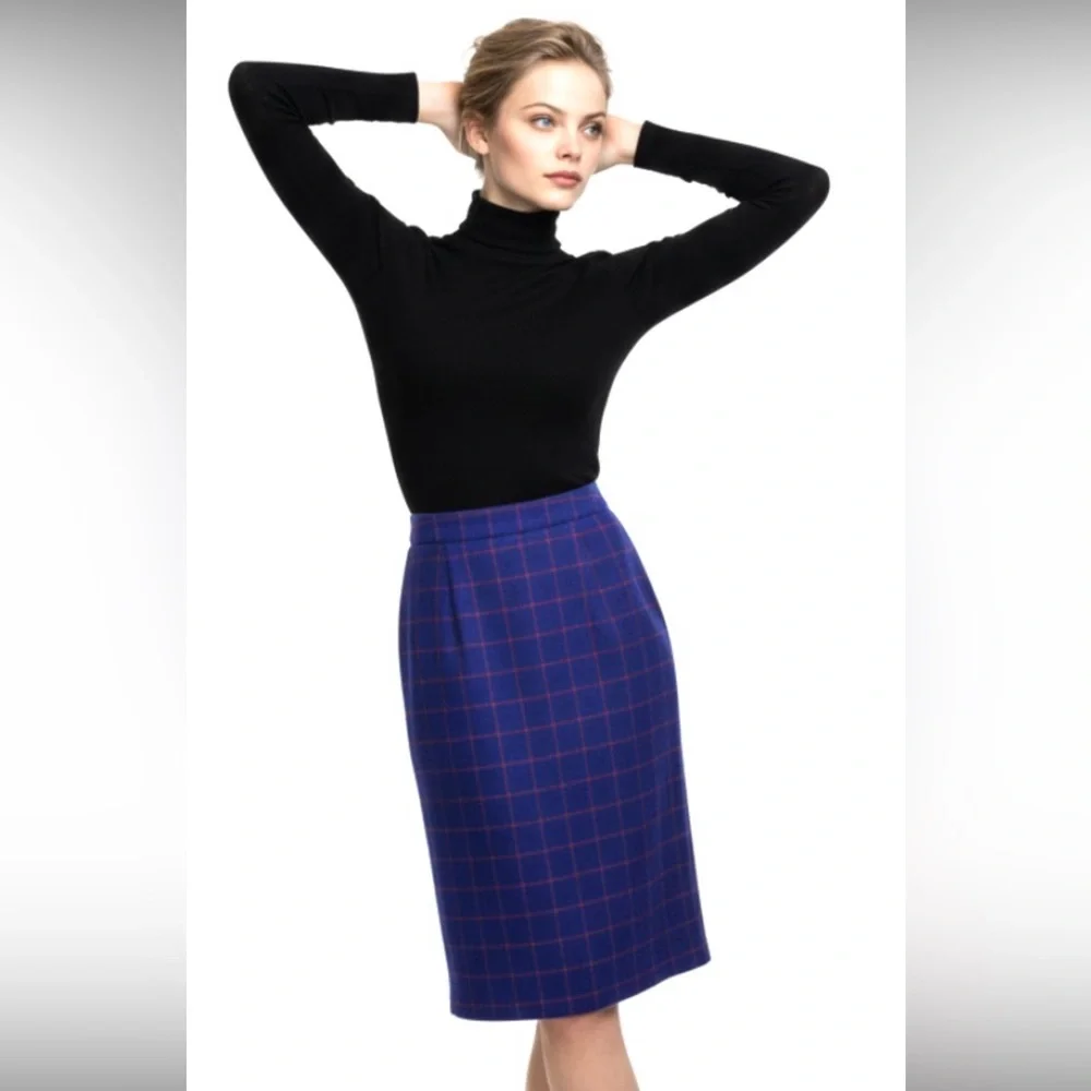 CARLISLE Skirt Wool Plaid Royal Blue Red Pleated Midi